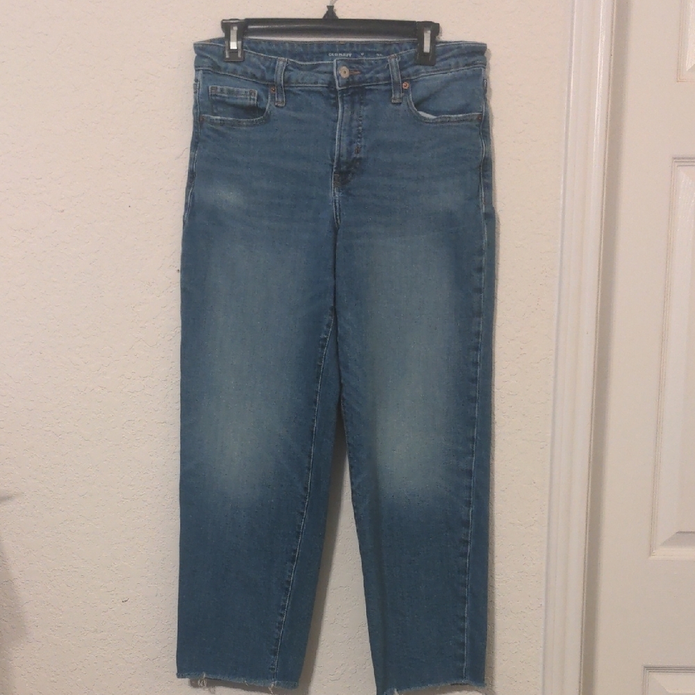 Old Navy Light Blue Frayed Hem High Rise Denim Jeans. Size 10 P
